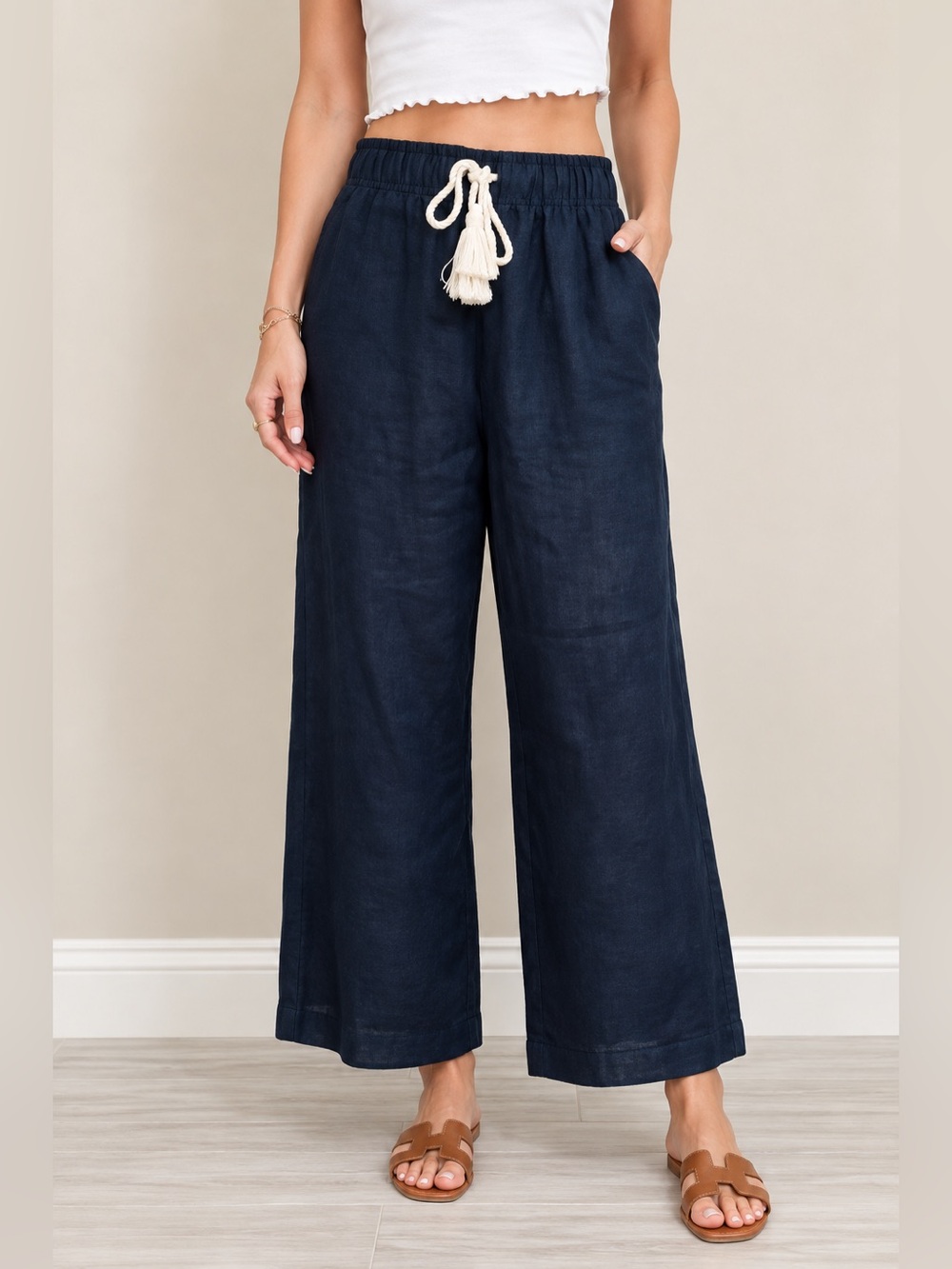 Cynthia Rowley Navy Blue 100% Linen Wide Leg Cropped Pull On High Waisted Tassel